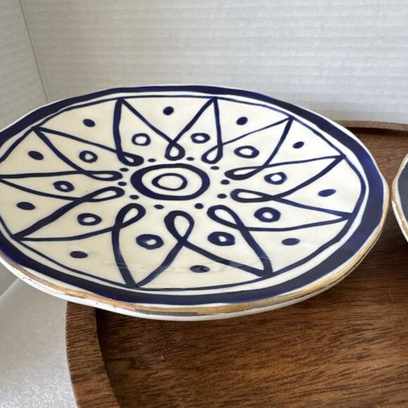 Set Of 2 Hand Painted 6.25” Blue And White Plate/Trinket Dishes Gold Rims - Picture 12 of 16